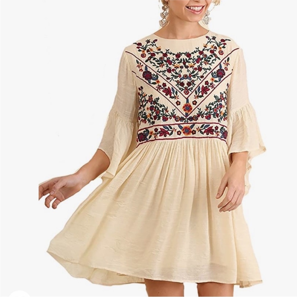 Umgee NEW Women's Boho Bliss Embroidered Scandinavian Flared Sleeve Mini Dress S